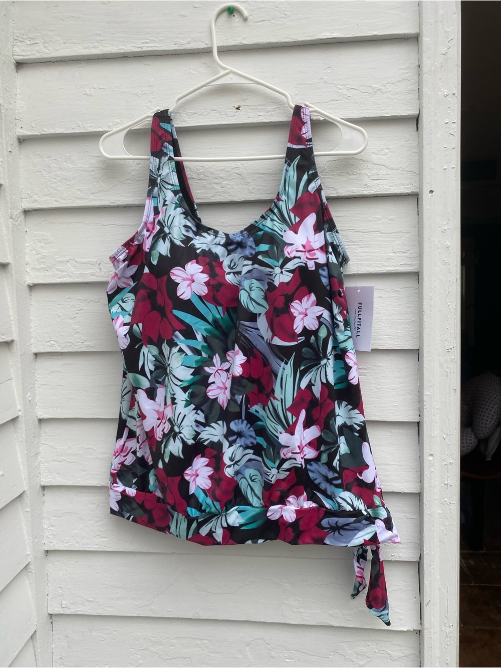 Tropical Floral Side Tie Tankini Top in Black and Burgundy Modest bathing suit